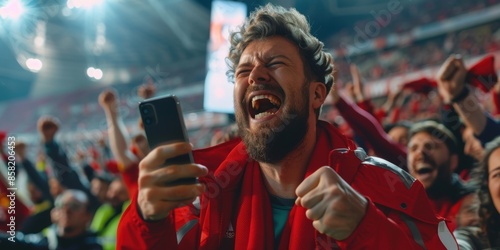 Sport Stadium Soccer Match: Caucasian Man Watching App, Bet, Score, Winnings, Cheering for Red Team to Win. Audience Celebrates Championship Win and Goal