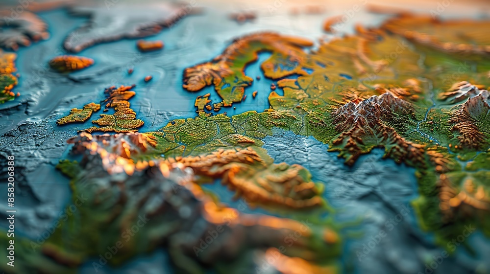Obraz premium view of Scandinavia, Northern Europe. 3D illustration of flattened Earth geography and topography. illustration images