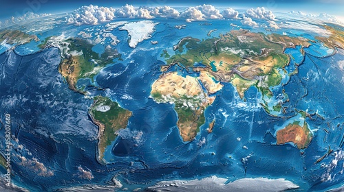 Fototapeta Naklejka Na Ścianę i Meble -  High-resolution physical world map with flattened land borders and view of Earth geography and topography. illustration images
