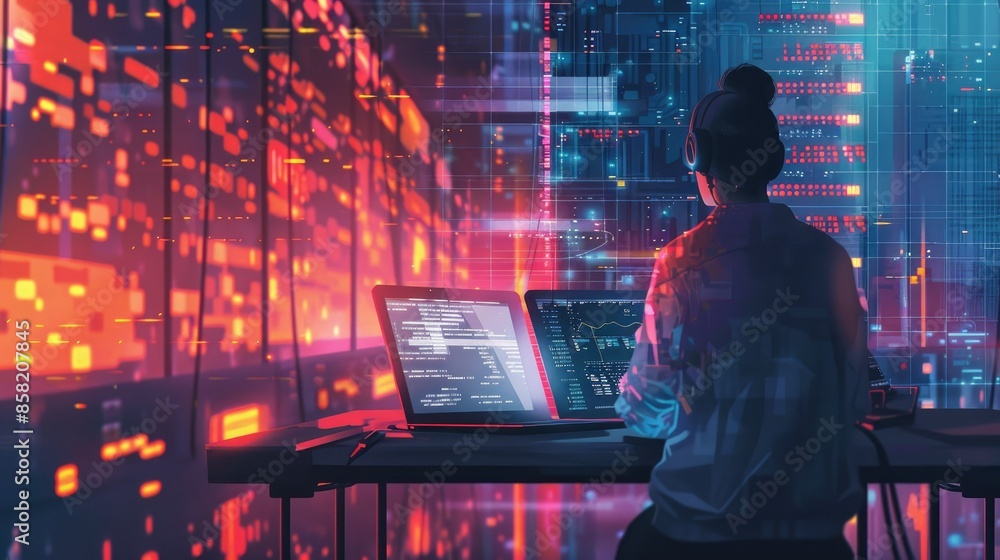 Computer engineer performing system upgrades on a laptop with a high-tech data center environment behind AI generated Computer engineer performing system upgrades on a laptop with a high-tech data center environment behind AI generated