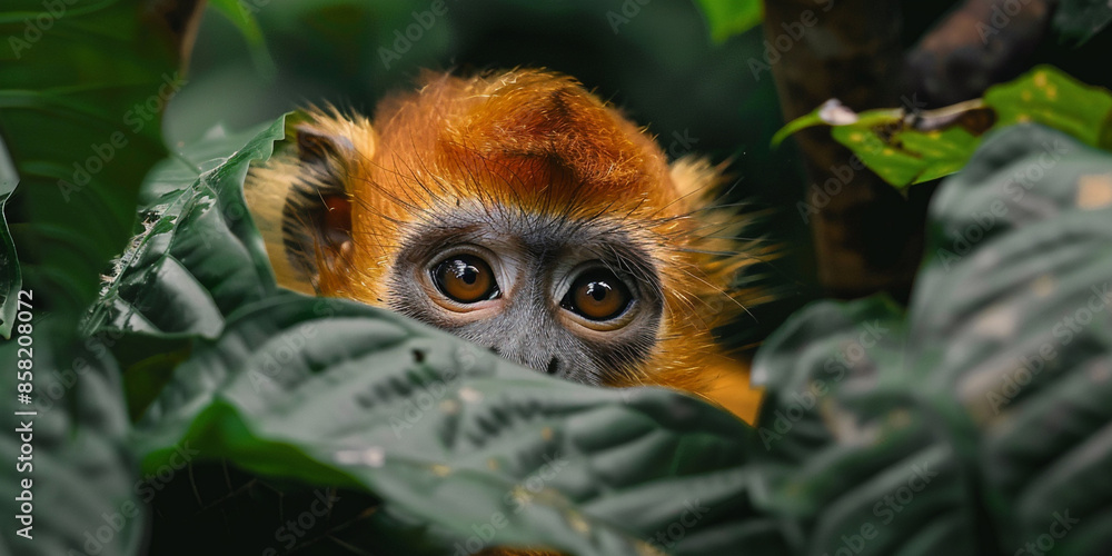A cute monkey peeks out from behind the leaves of an exotic tree A cute monkey peeks out from behind the leaves of an exotic tree