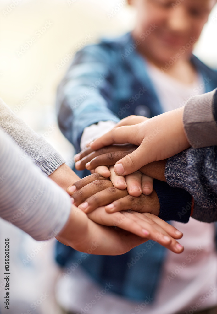 Obraz premium Stack of hands, education and kids with team, collaboration and unity at school. Diversity, children and students with connection, cooperation and youth for learning with development at campus.