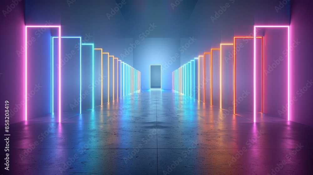 Futuristic corridor with neon door frames in vibrant colors, creating a glowing modern tunnel with reflections on the glossy floor. Futuristic corridor with neon door frames in vibrant colors, creating a glowing modern tunnel with reflections on the glossy floor.