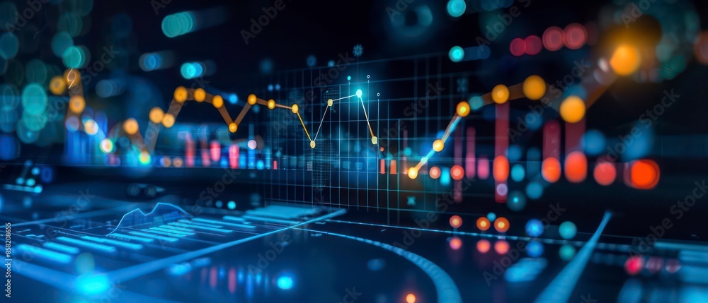 Technology merges with business as digital data charts and graphs monitor financial waves, illustrating stock patterns and market trends Technology merges with business as digital data charts and graphs monitor financial waves, illustrating stock patterns and market trends