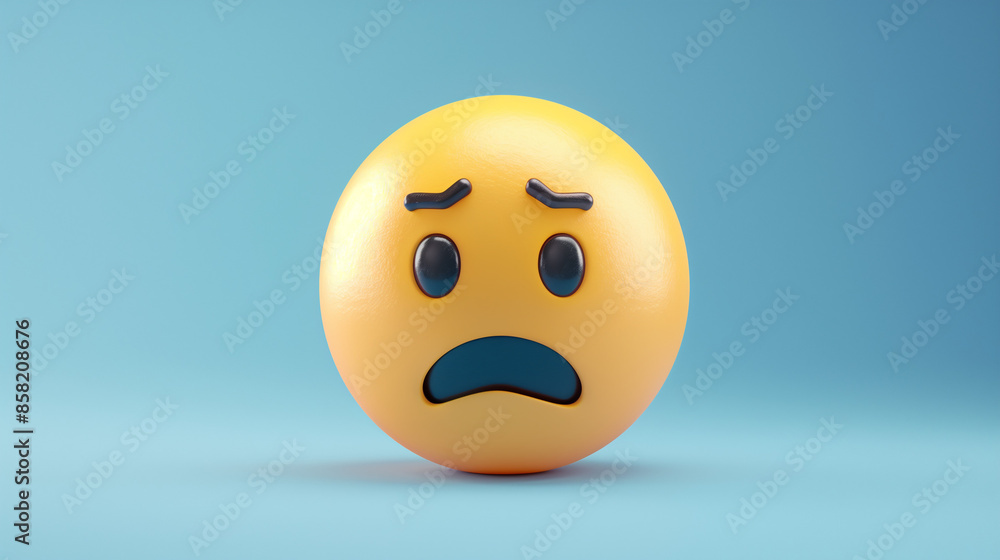 Fototapeta premium A 3D luxury yellow face emoji with a sad frown and tear-filled eyes, isolated on a white background with copy space for text. Sad emoji on a yellow background. Sad emoji kid standing alone in rainy. 
