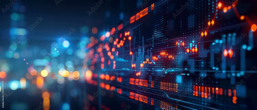 Technology merges with business as digital data charts and graphs monitor financial waves, illustrating stock patterns and market trends Technology merges with business as digital data charts and graphs monitor financial waves, illustrating stock patterns and market trends