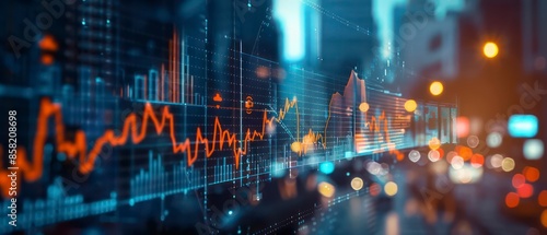 Technology merges with business as digital data charts and graphs monitor financial waves, illustrating stock patterns and market trends