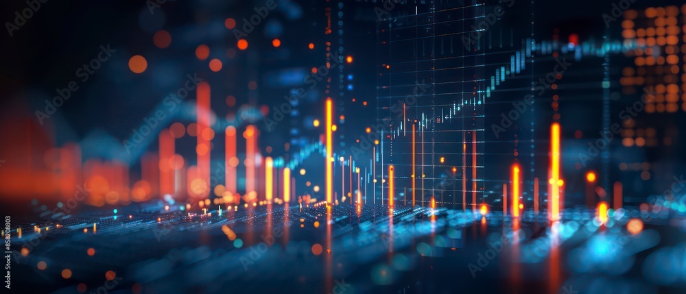 Naklejka premium Technology merges with business as digital data charts and graphs monitor financial waves, illustrating stock patterns and market trends