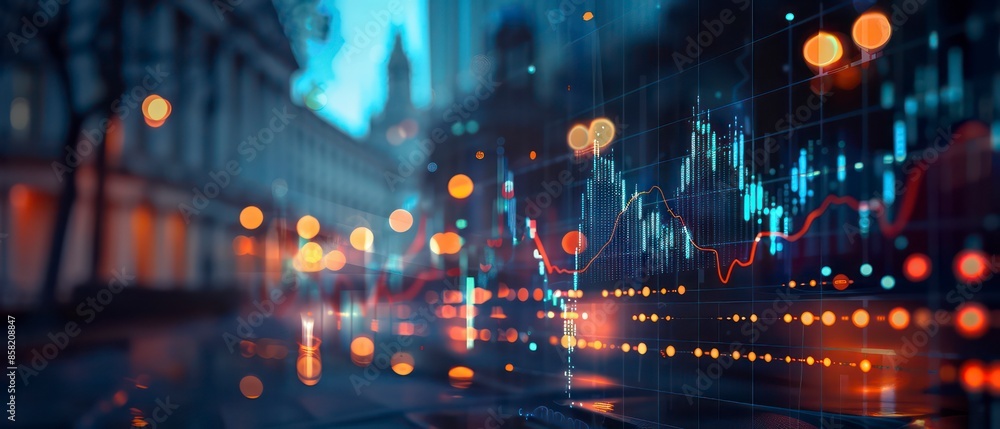 Technology merges with business as digital data charts and graphs monitor financial waves, illustrating stock patterns and market trends Technology merges with business as digital data charts and graphs monitor financial waves, illustrating stock patterns and market trends