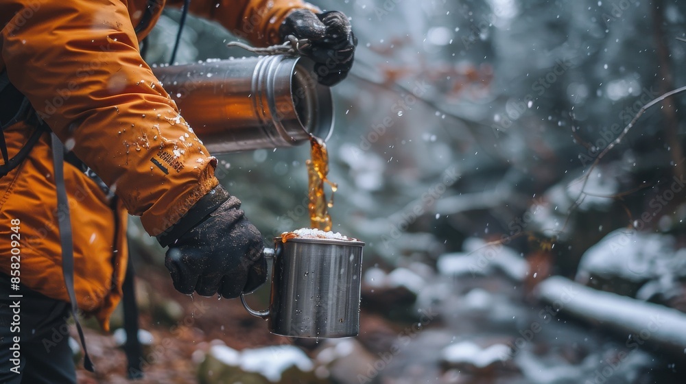 Warm drink being poured from a thermos into a metal cup amidst a snowy outdoor landscape, evoking feelings of warmth and refreshment during a cold winter day adventure. Warm drink being poured from a thermos into a metal cup amidst a snowy outdoor landscape, evoking feelings of warmth and refreshment during a cold winter day adventure.