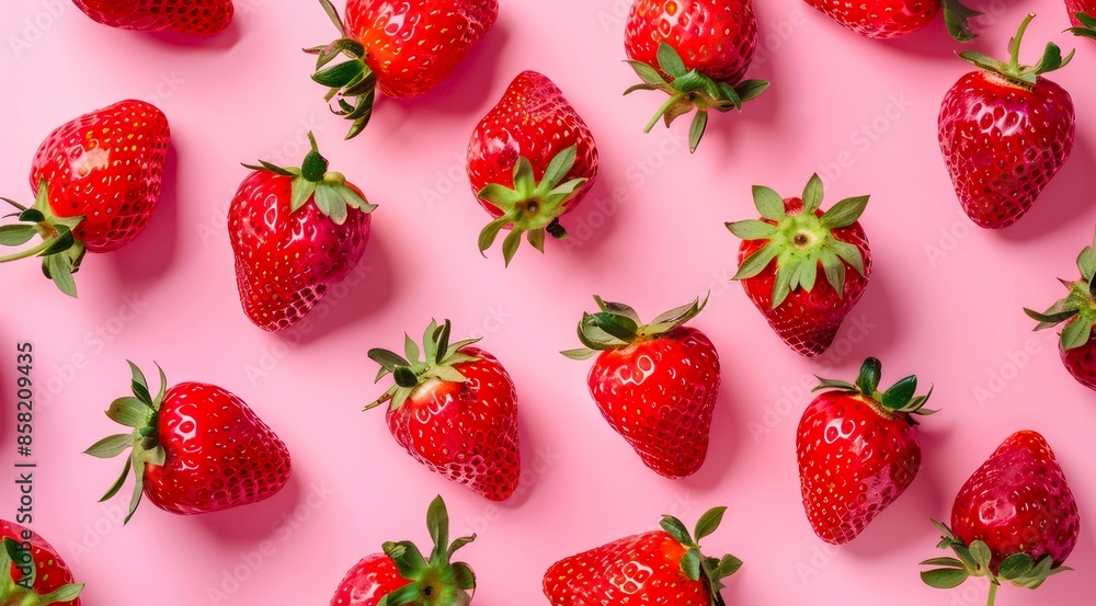 Pattern with fresh strawberries on pastel pink background, top view, minimal flat lay style. Pattern with fresh strawberries on pastel pink background, top view, minimal flat lay style.