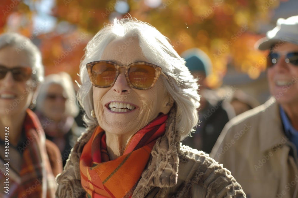 Portrait of a senior woman in sunglasses on a background of autumn leaves Portrait of a senior woman in sunglasses on a background of autumn leaves