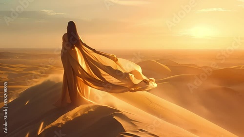 Fashion model wear flying dress at desert
