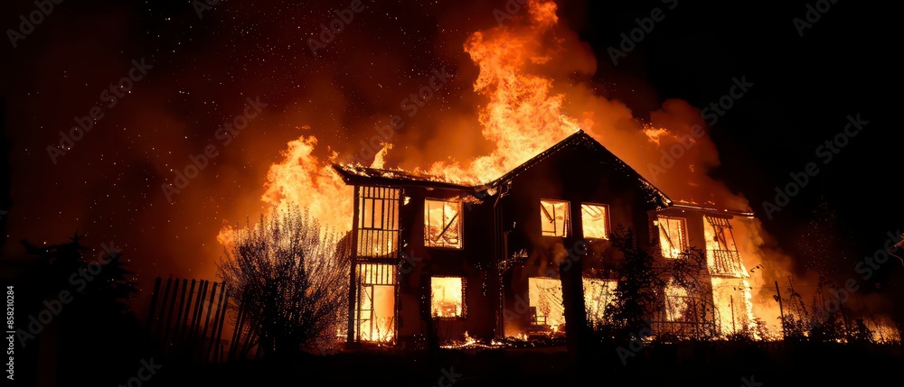 Flames consume a house, turning it into a blazing inferno, with thick smoke signaling a severe crisis and imminent danger Flames consume a house, turning it into a blazing inferno, with thick smoke signaling a severe crisis and imminent danger