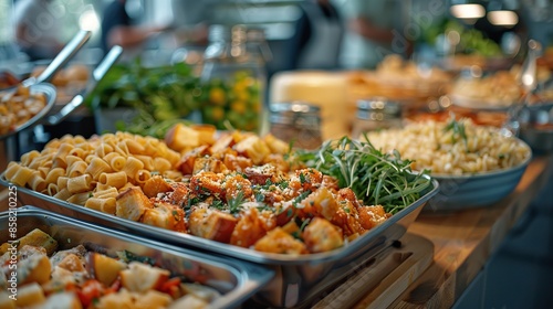 Group dining at a conference, blurred background with text space illustration images