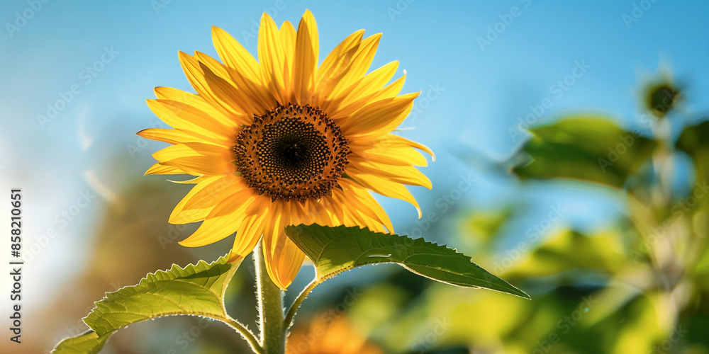 Fototapeta premium A vibrant sunflower blooms against the backdrop of a clear blue sky