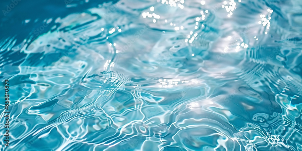 Obraz premium Blue water texture background with sunlight reflection, top view 