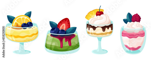 Set of summer desserts with fresh berries. Cartoon flat illustrations for advertising or menu design