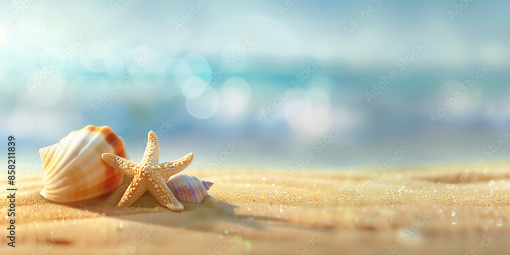 Landscape summer beach panoramic background with seashells and starfish. Landscape summer beach panoramic background with seashells and starfish.