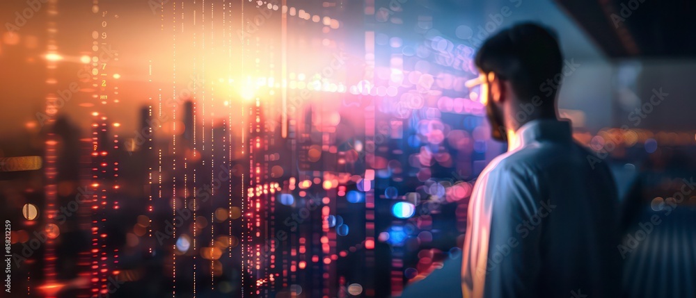 Amid urban lights, a man looks at his computer, representing the fusion of technology with urban life, enhancing digital communication and business activities Amid urban lights, a man looks at his computer, representing the fusion of technology with urban life, enhancing digital communication and business activities