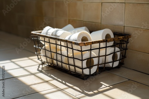 A basket filled with rolls of toilet paper, ready to be used for personal hygiene purposes.