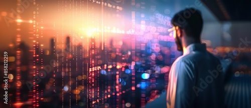 Amid urban lights, a man looks at his computer, representing the fusion of technology with urban life, enhancing digital communication and business activities