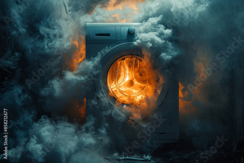 washing machine is broken and emitting smoke and fire.