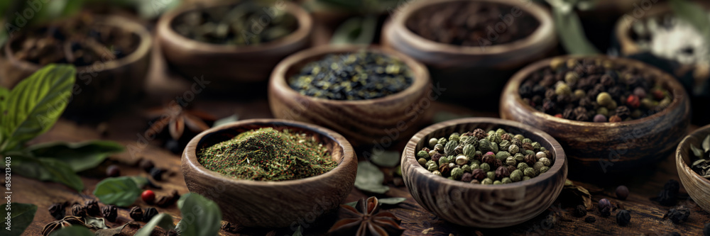 Assorted Spices in Wooden Bowls. Variety of Herbs and Spices on Rustic Table Assorted Spices in Wooden Bowls. Variety of Herbs and Spices on Rustic Table