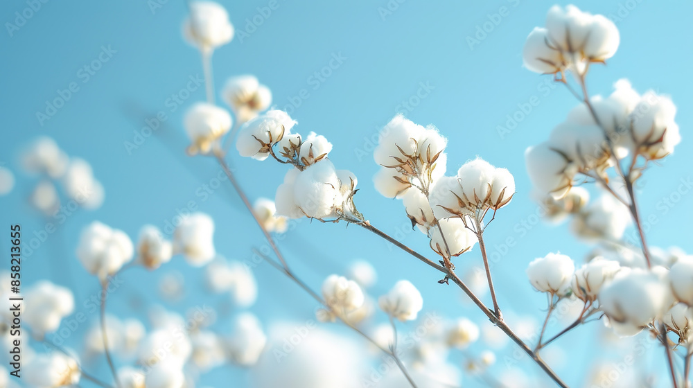 Cotton Flower Branch Close-Ups: Detailed Views Against Clear Blue Sky. Simple Imagery in Soft Light and Large Aperture Photography. Cotton Flower Branch Close-Ups: Detailed Views Against Clear Blue Sky. Simple Imagery in Soft Light and Large Aperture Photography.