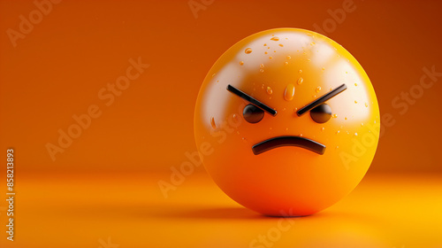 Round 3d red angry emoji face on a red background. High-resolution. angry face emoji in 3D illustration style on a colorful background. Angry Emoji Face on Blue Sphere - Minimalistic 3D Rendering.