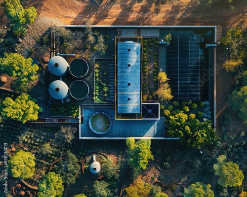 Rainwater harvesting system in a rural Spanish setting with sustainable living design and lowenergy building design, top view, showcasing ecofriendly living, futuristic tone, vivid photo