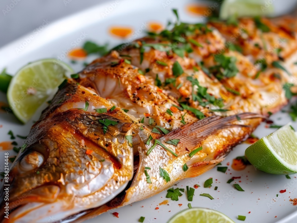 Exquisite Thai Grilled Fish with Fresh Herbs on White Plate - Gourmet Seafood Cuisine Concept Exquisite Thai Grilled Fish with Fresh Herbs on White Plate - Gourmet Seafood Cuisine Concept