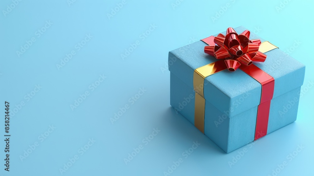Blue gift box with red and gold ribbons on blue background Blue gift box with red and gold ribbons on blue background