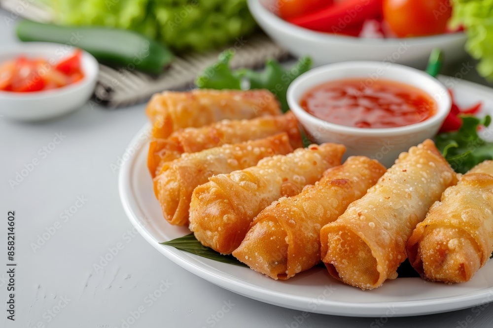 Crispy Thai Spring Rolls with Dipping Sauce on White Plate - Fresh and Flavorful Asian Cuisine Concept Crispy Thai Spring Rolls with Dipping Sauce on White Plate - Fresh and Flavorful Asian Cuisine Concept