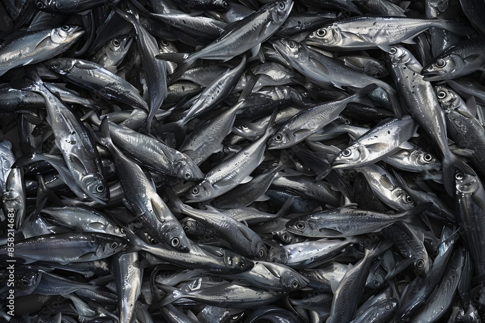 Fototapeta premium Close-up of many fish lying together, creating a densely packed view. Perfect for illustrating marine life. Great for fishing industry, commercial use, and ocean-related themes. Generative AI