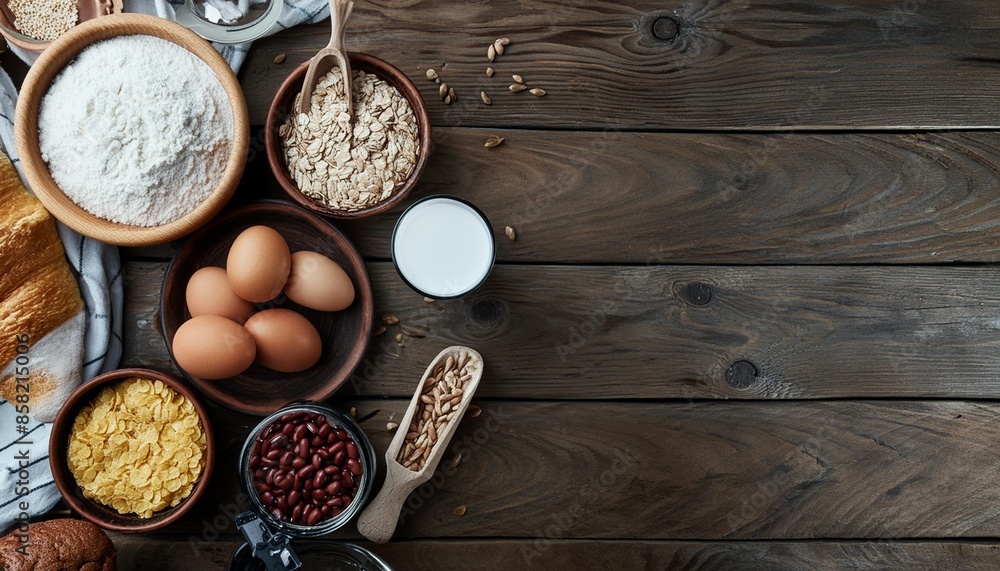 Foods high in carbohydrate on rustic wooden background. Top view Foods high in carbohydrate on rustic wooden background. Top view