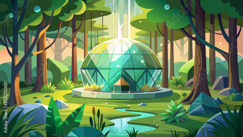 Sustainable glass office building with tree to reduce carbon dioxide. Office in a green environment. 