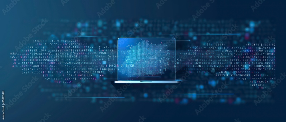 Digital illustrations in blue showcase computer codes and futuristic ...