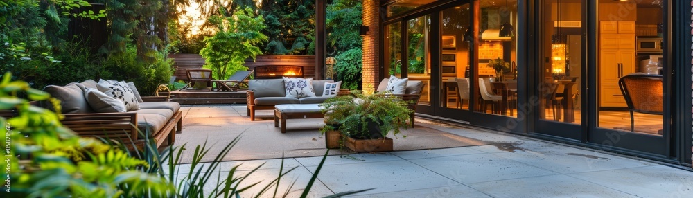 Obraz premium Serene Backyard Oasis: Stylish Patio with Cozy Seating, Ambient Outdoor Lighting, and Lush Greenery for Relaxing Outdoor Living Space
