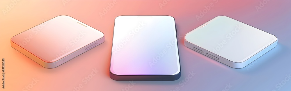 3 vector illustrations of blank smartphone screen on gradient background with round corners in isometric view, white color theme 3 vector illustrations of blank smartphone screen on gradient background with round corners in isometric view, white color theme