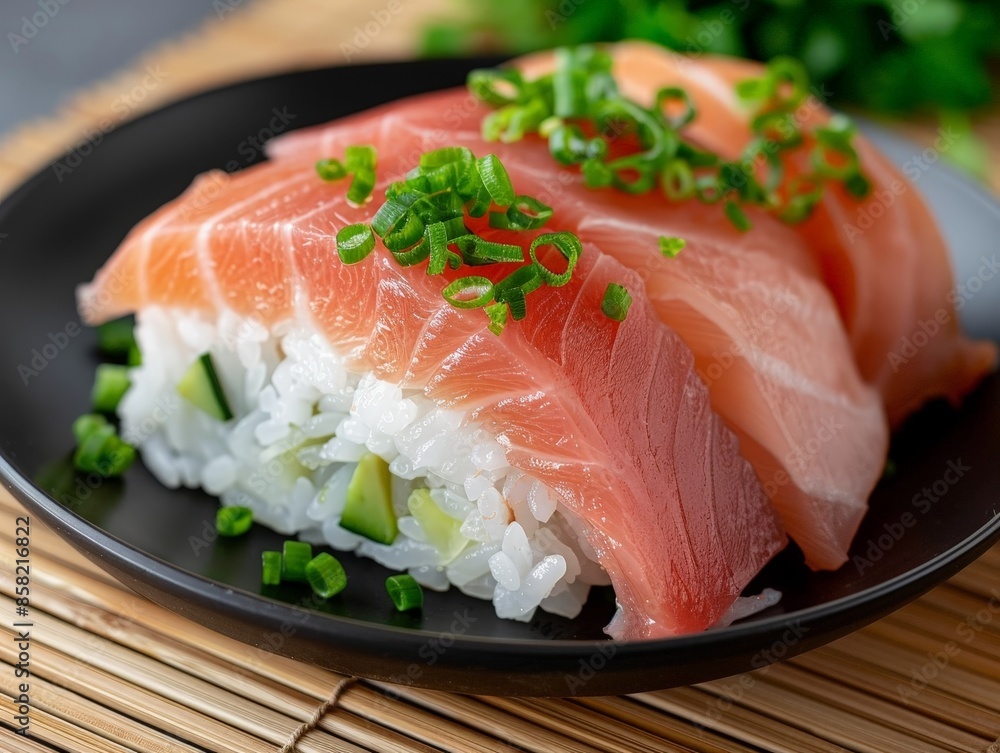 Exquisite Japanese Sushi Platter with Fresh Fish and Rice on Elegant Black Plate and Bamboo Mat Exquisite Japanese Sushi Platter with Fresh Fish and Rice on Elegant Black Plate and Bamboo Mat