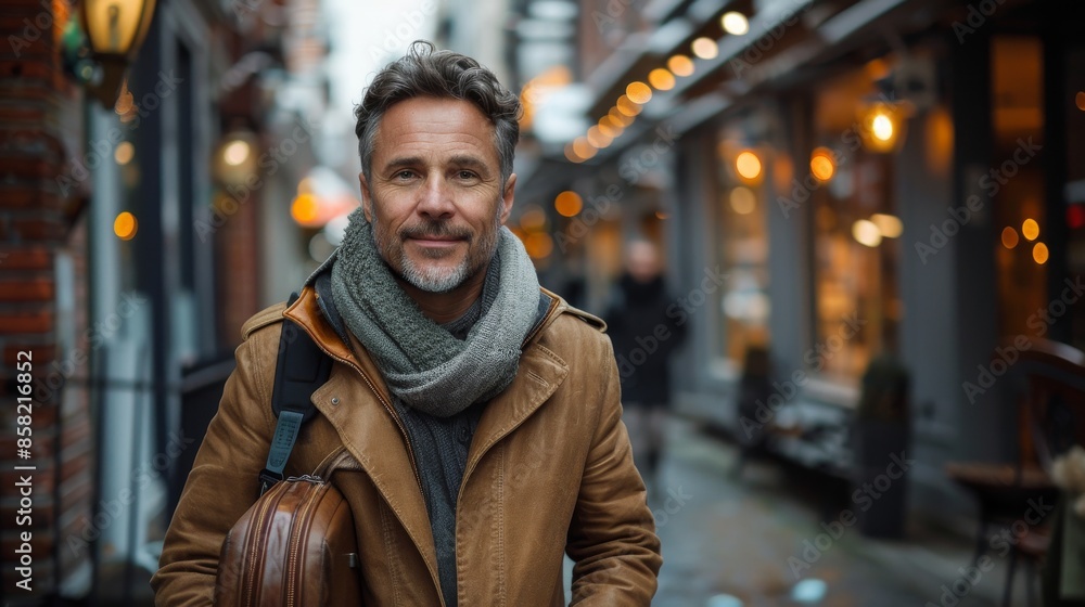 A man dressed in a brown jacket with a gray scarf, carrying a leather bag, walking in an urban setting with lights and buildings in the background, depicting city life. A man dressed in a brown jacket with a gray scarf, carrying a leather bag, walking in an urban setting with lights and buildings in the background, depicting city life.