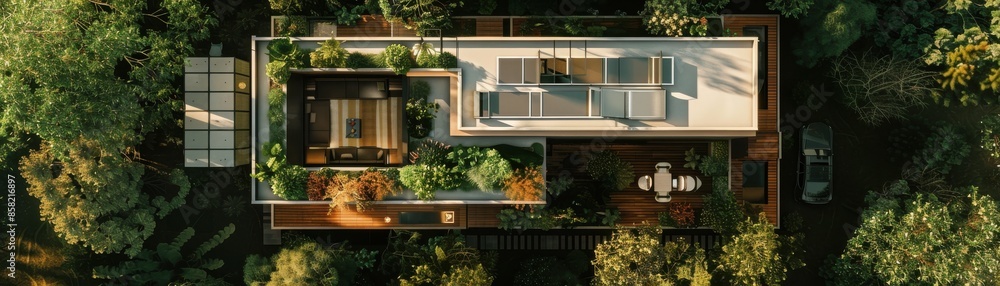 Modular Spanish house with recycled materials, flexible and adaptive design, and ecofriendly materials, top view, showcasing sustainable living, futuristic tone, vivid Modular Spanish house with recycled materials, flexible and adaptive design, and ecofriendly materials, top view, showcasing sustainable living, futuristic tone, vivid