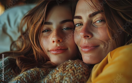 Close Up Portrait of Mother and Daughter Smiling Together Indoors