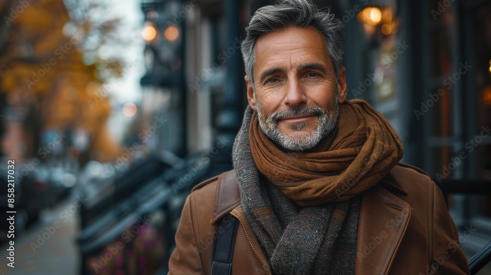 Man wearing a brown coat and scarf stands on an autumn city street, with the background featuring trees with fall foliage and blurred street lights adding warmth to the scene. Man wearing a brown coat and scarf stands on an autumn city street, with the background featuring trees with fall foliage and blurred street lights adding warmth to the scene.