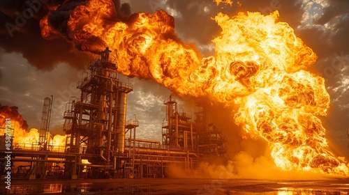 A dramatic scene of an oil refinery engulfed in a massive explosion, with large flames and thick smoke billowing into the sky, conveying destruction and chaos.