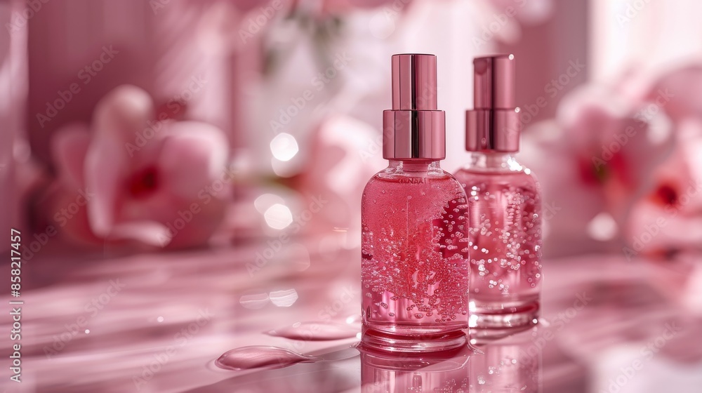 Two pink serum bottles with spray nozzles, set against a background adorned with flowers and soft lighting. The image highlights beauty and skincare themes with a feminine, floral touch. Two pink serum bottles with spray nozzles, set against a background adorned with flowers and soft lighting. The image highlights beauty and skincare themes with a feminine, floral touch.