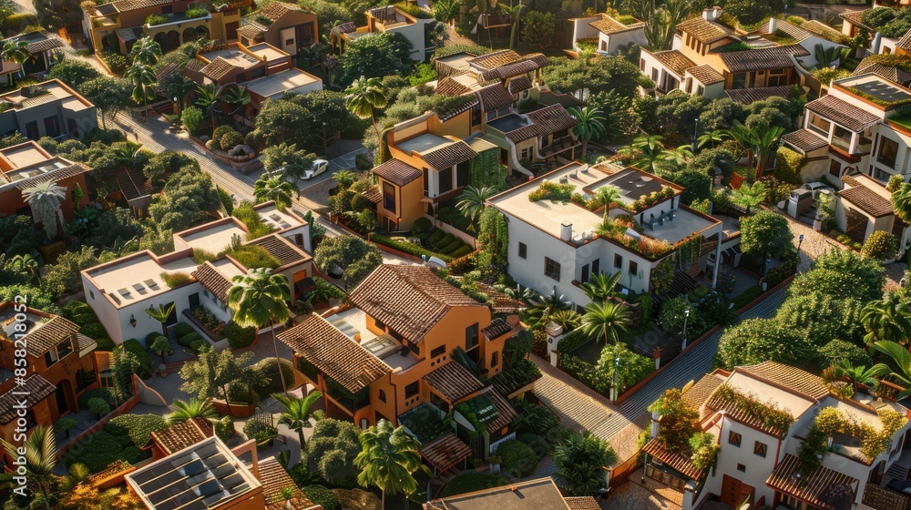 Fototapeta premium Climateresilient design in a Spanish village with renewable energy integration and ecofriendly mobility design, top view, showcasing sustainable living, futuristic tone, vivid