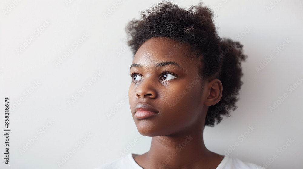 African American teenager with a thoughtful expression, posed in front of a minimalist background, highlighting personality and modern style African American teenager with a thoughtful expression, posed in front of a minimalist background, highlighting personality and modern style