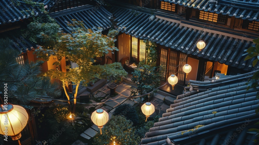 Obraz premium Solarpowered lanterns in a traditional Korean courtyard with energy storage building design and green interior design